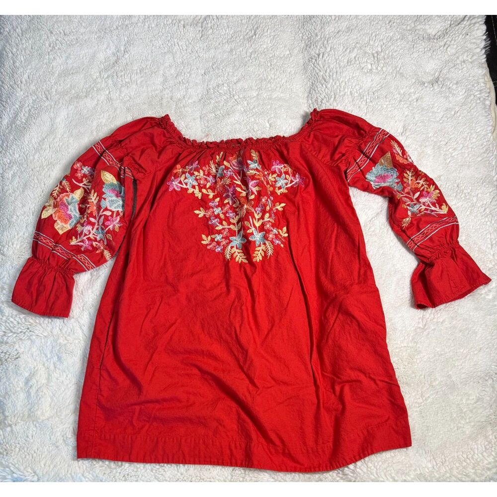 Free People Fleur Du Jour Red Embroidered Off Shoulder Mini Dress L